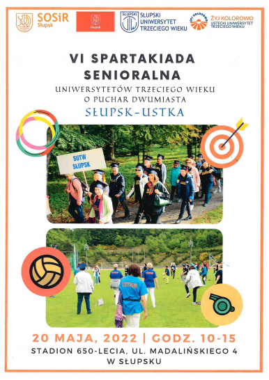 Plakat z imprezy senioralnej. Na zdjęciach rywalizujący seniorzy na stadionie 650-lecia.